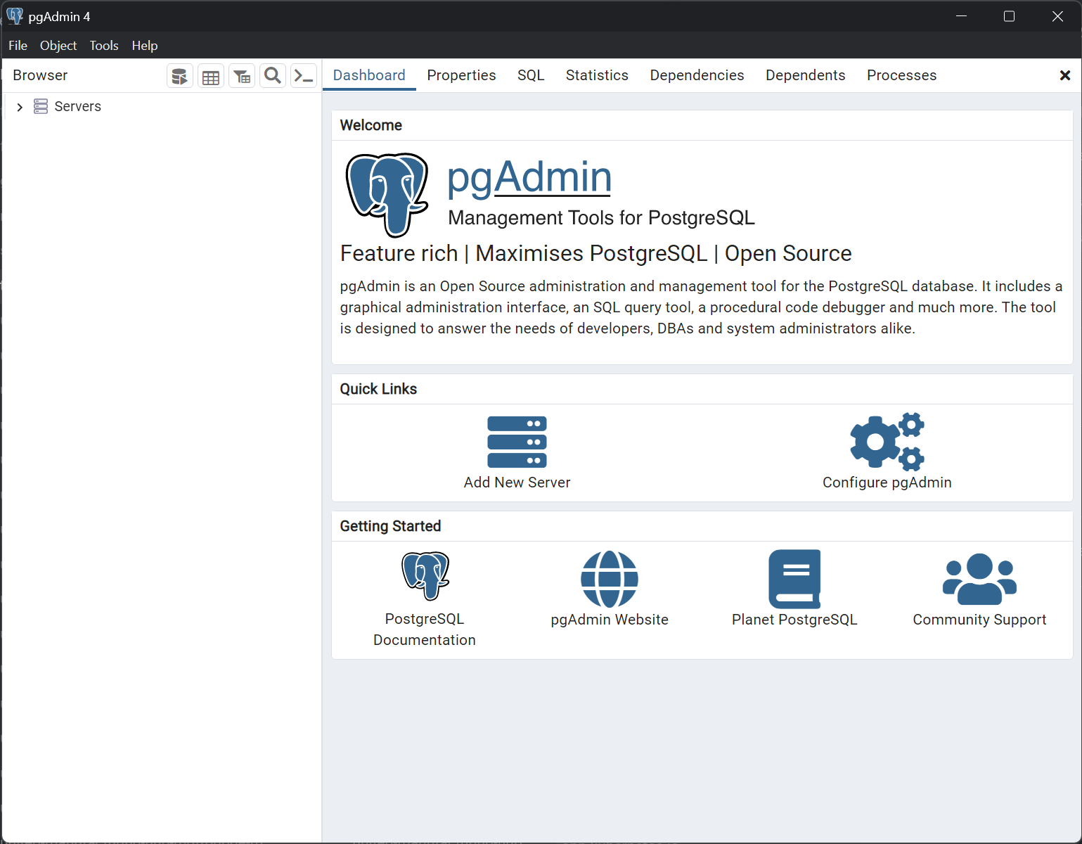 pgAdmin main window